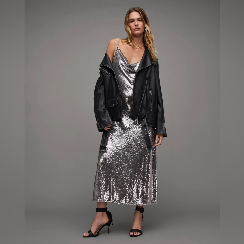 All Saints Hadley Silver Sequined Cowl Neck Sleeveless Slip Dress New